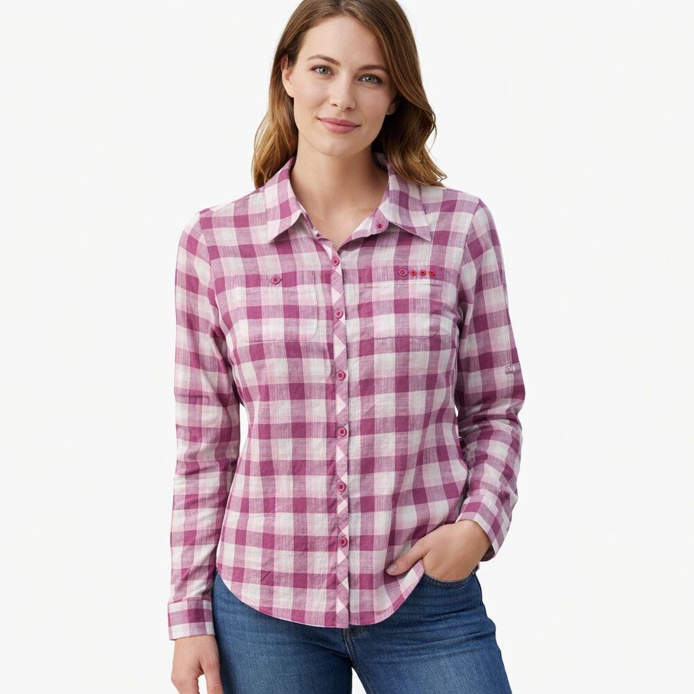 Columbia Button Up Shirt Womens Small Pink Plaid Roll Tab Long Sleeve Cotton